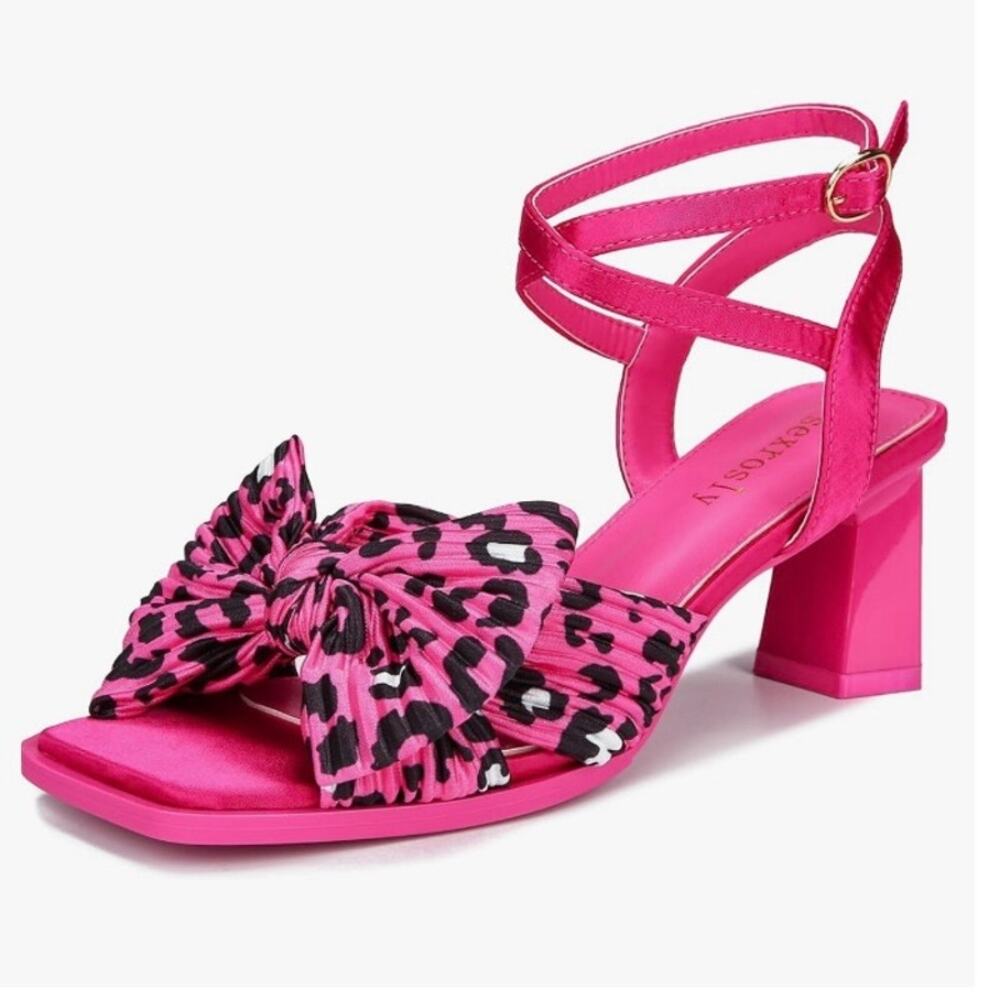 Sexrosly Bow Sandals‎ Block Heel Open Toe Satin Chunky Ankle Strap Size 8